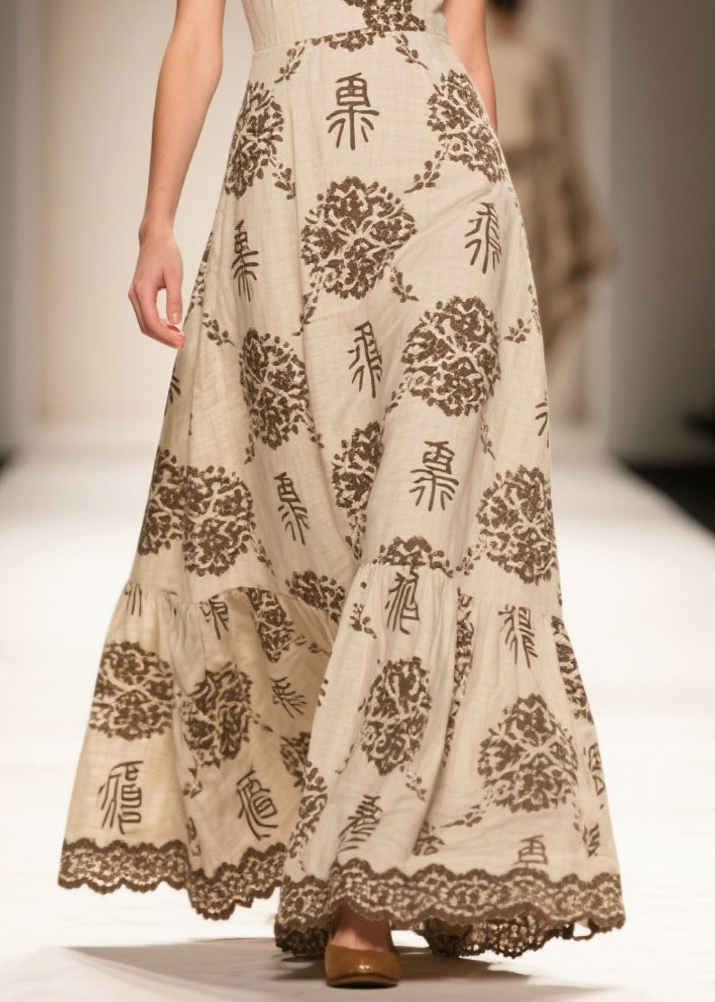 Simple Apricot V Neck Print Linen Holiday Dress Sleeveless