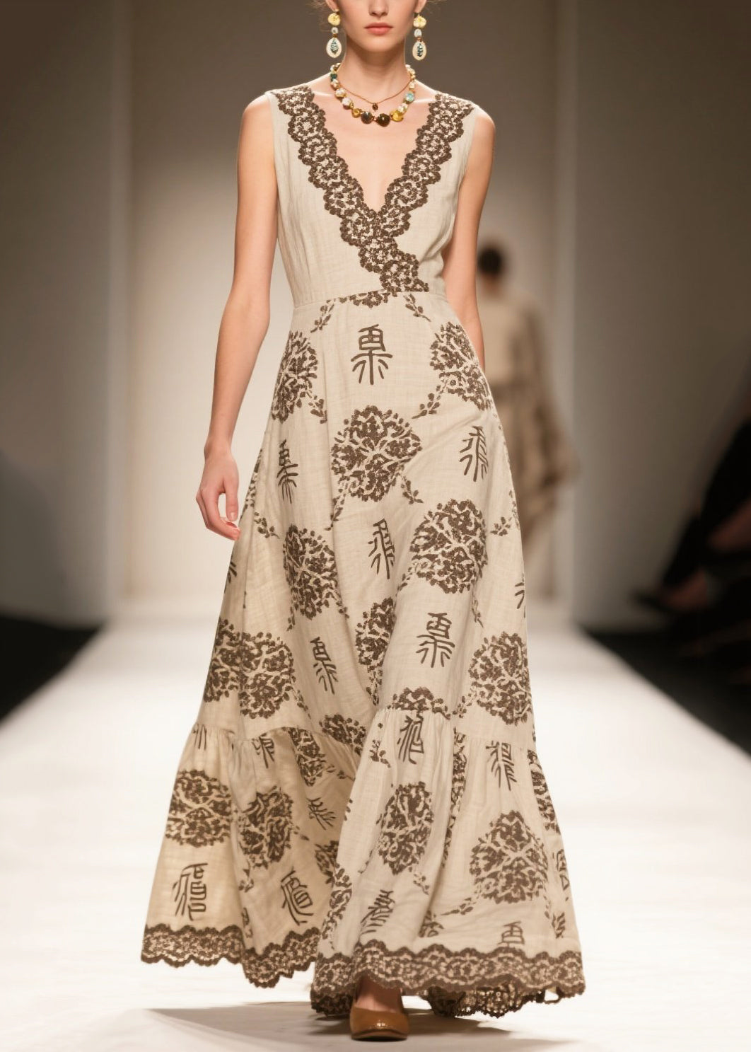Simple Apricot V Neck Print Linen Holiday Dress Sleeveless