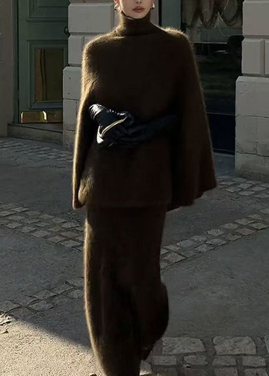 Simple Army Green Turtleneck Knit Sweater And Skirts Two Pieces Set Cloak Sleeves