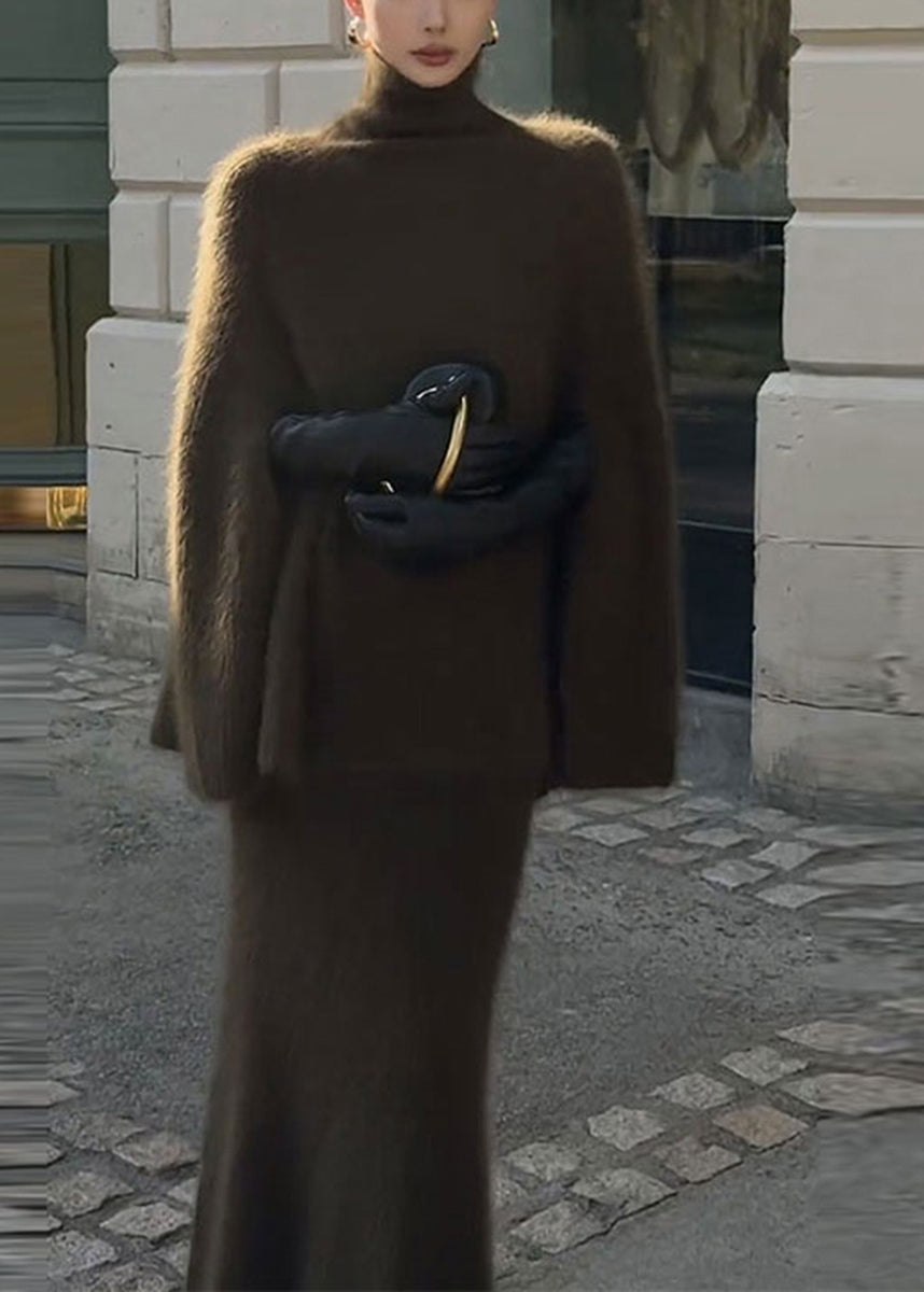 Simple Army Green Turtleneck Knit Sweater And Skirts Two Pieces Set Cloak Sleeves
