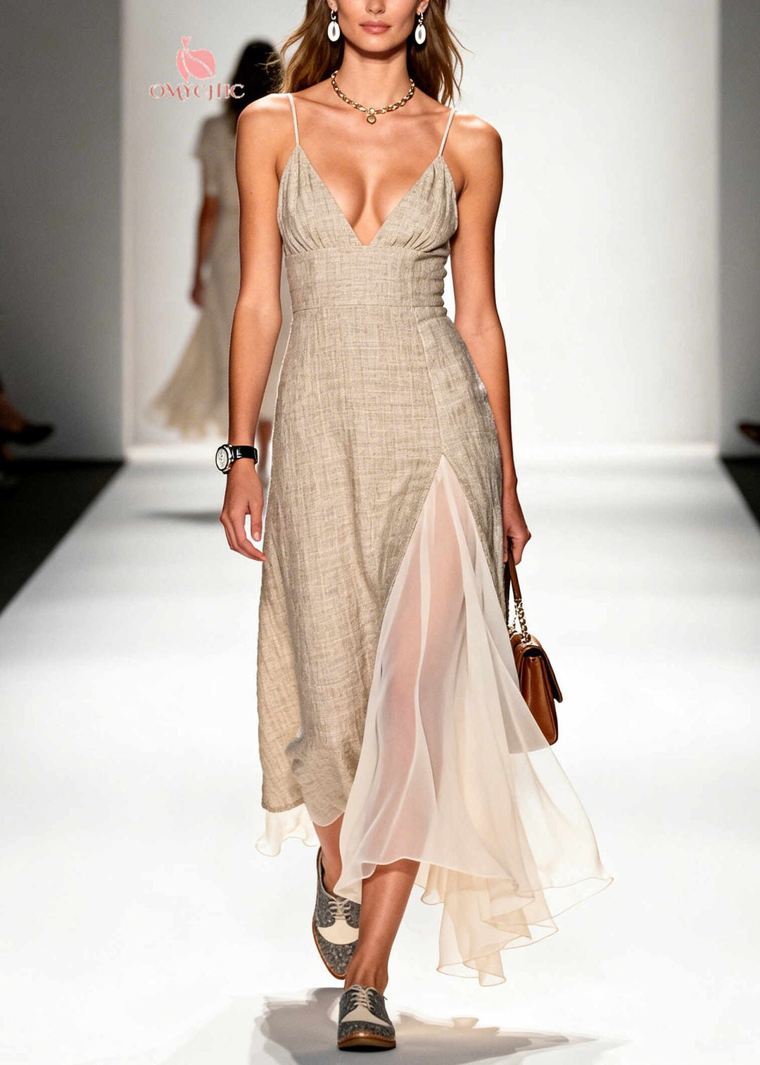Simple Beige Asymmetrical Patchwork Linen Mini Dress Summer