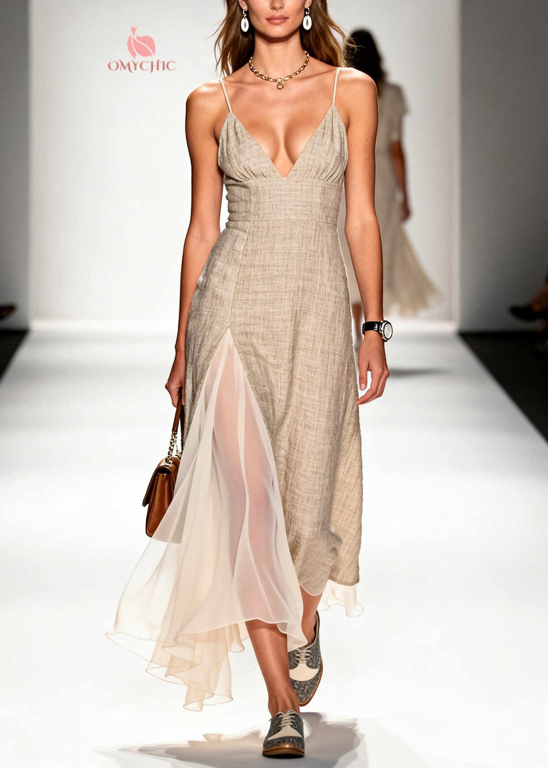 Simple Beige Asymmetrical Patchwork Linen Mini Dress Summer