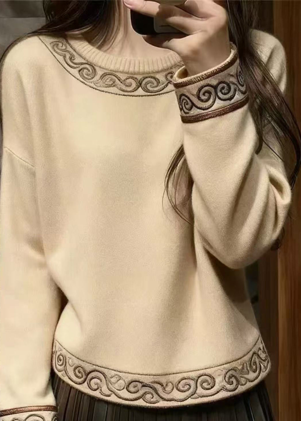Simple Beige Embroidered Thick Knit Sweaters Winter