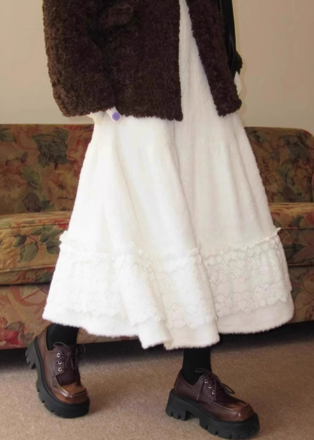 Simple Beige Lace Patchwork Elastic Waist Fluffy Skirt Winter