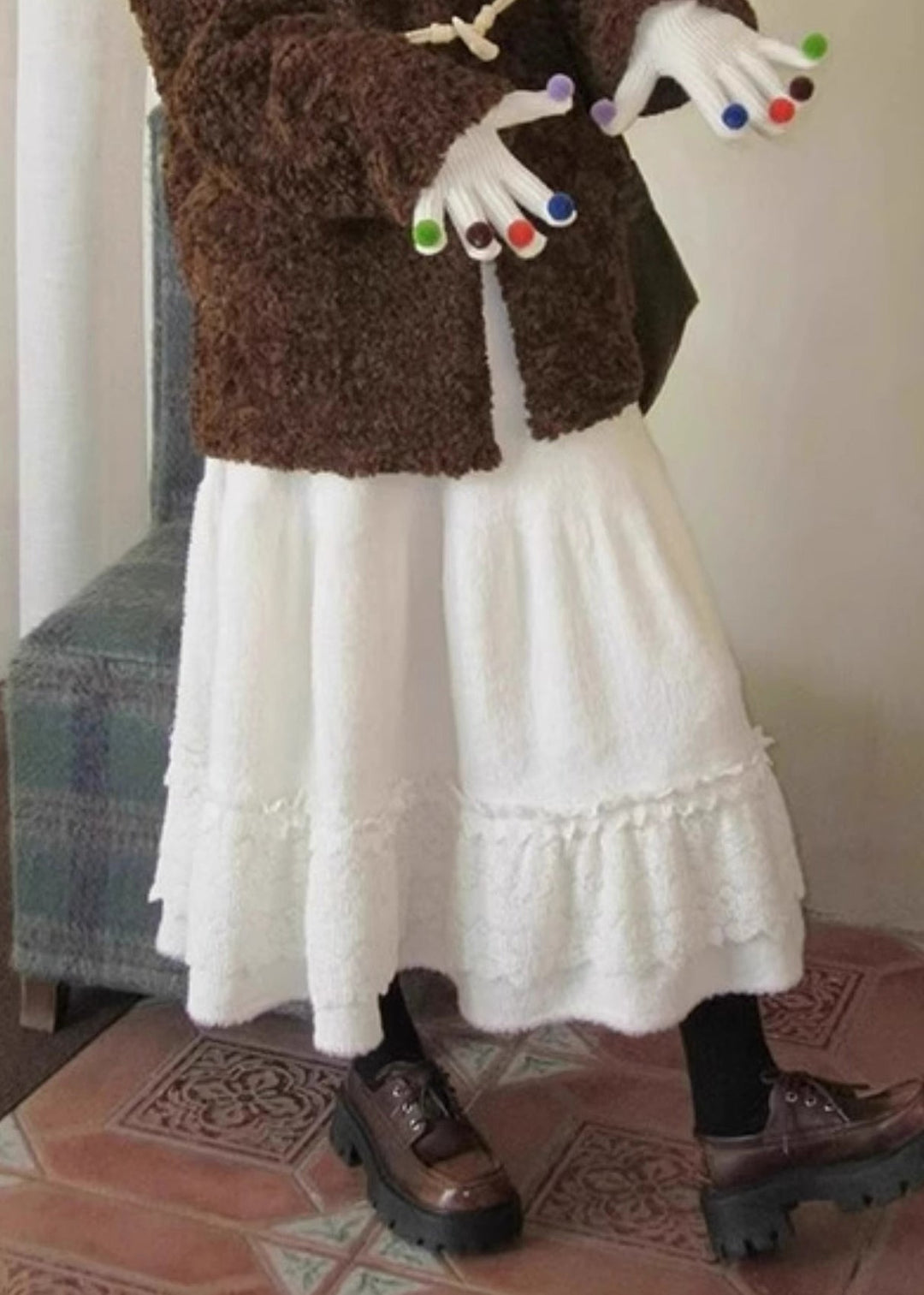 Simple Beige Lace Patchwork Elastic Waist Fluffy Skirt Winter