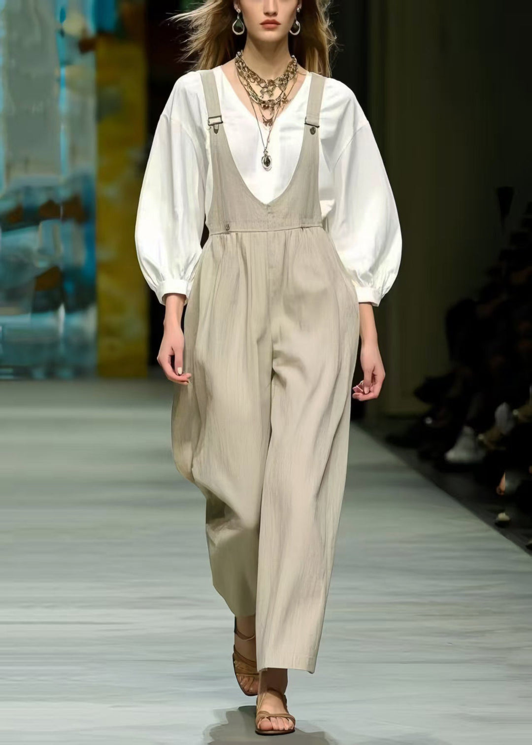 Simple Beige Oversized Cotton Jumpsuit Spring