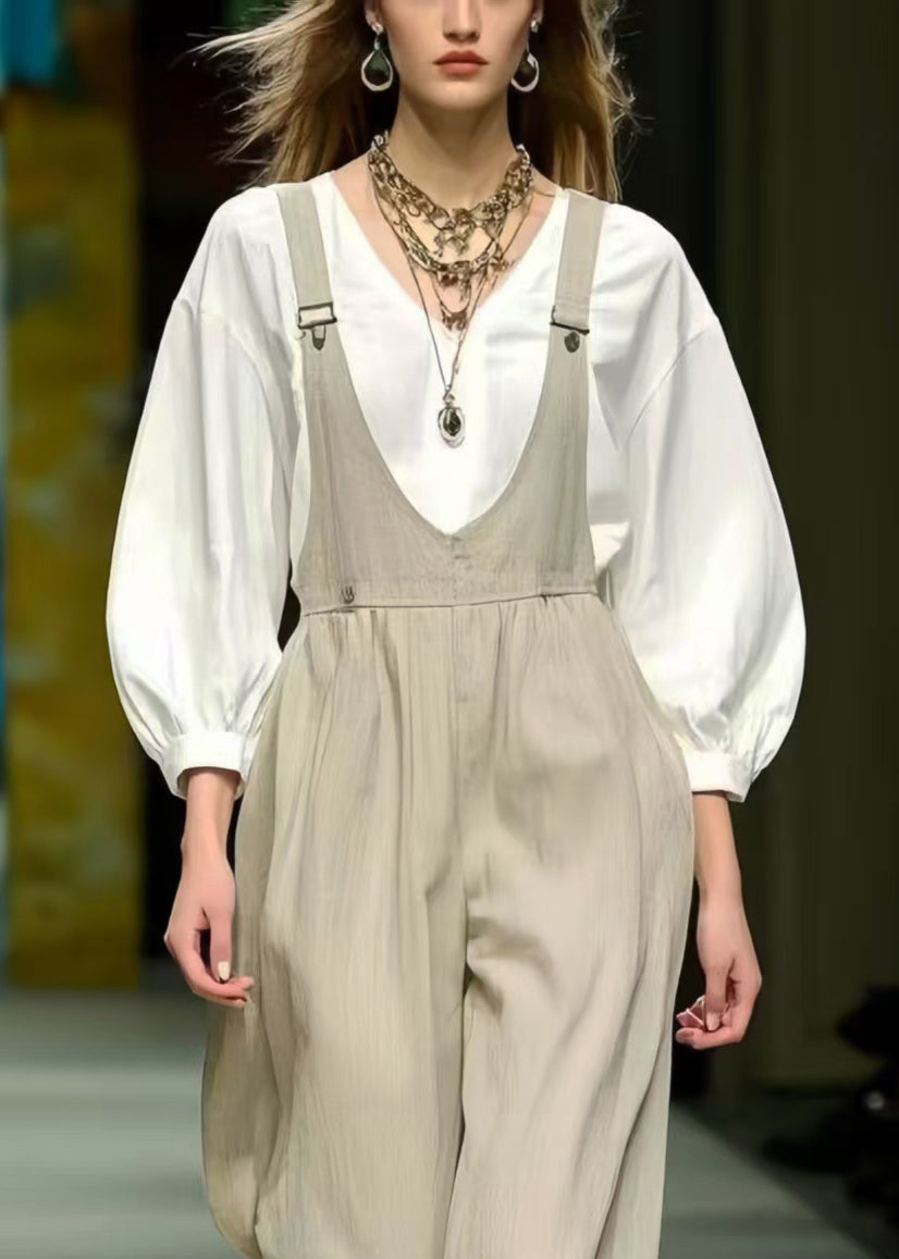 Simple Beige Oversized Cotton Jumpsuit Spring
