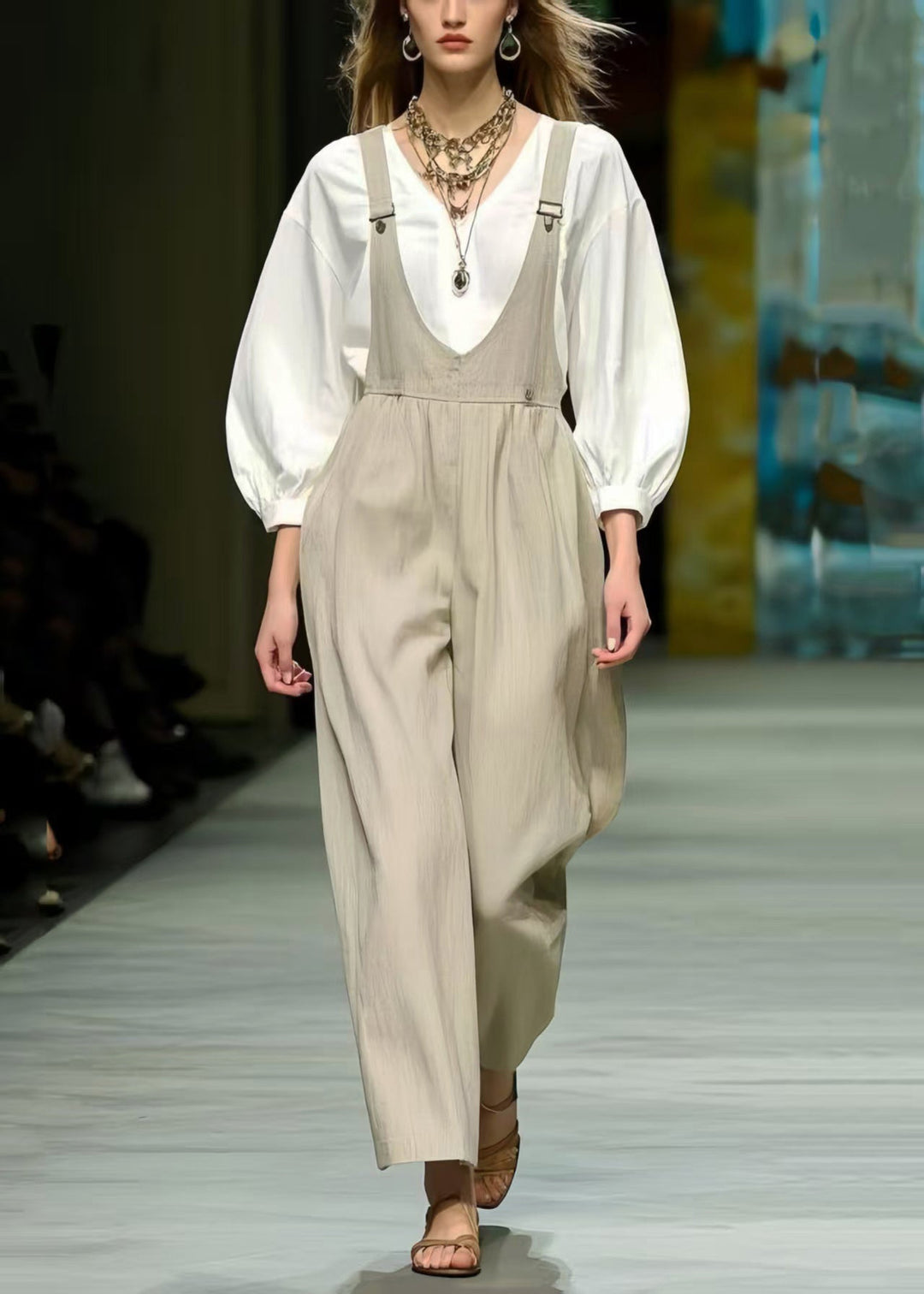 Simple Beige Oversized Cotton Jumpsuit Spring