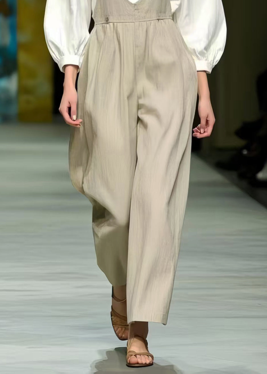 Simple Beige Oversized Cotton Jumpsuit Spring