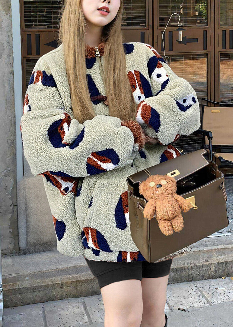 Simple Beige Oversized Jacquard Fuzzy Fur Fluffy Teddy Coats Winter