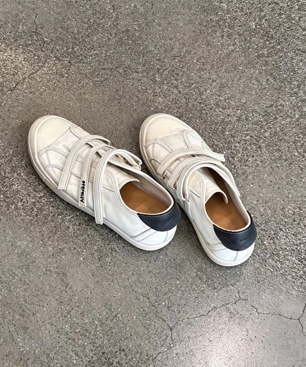 Simple Beige Round Toe Velcro Strap Faux Leather Flat Sneakers