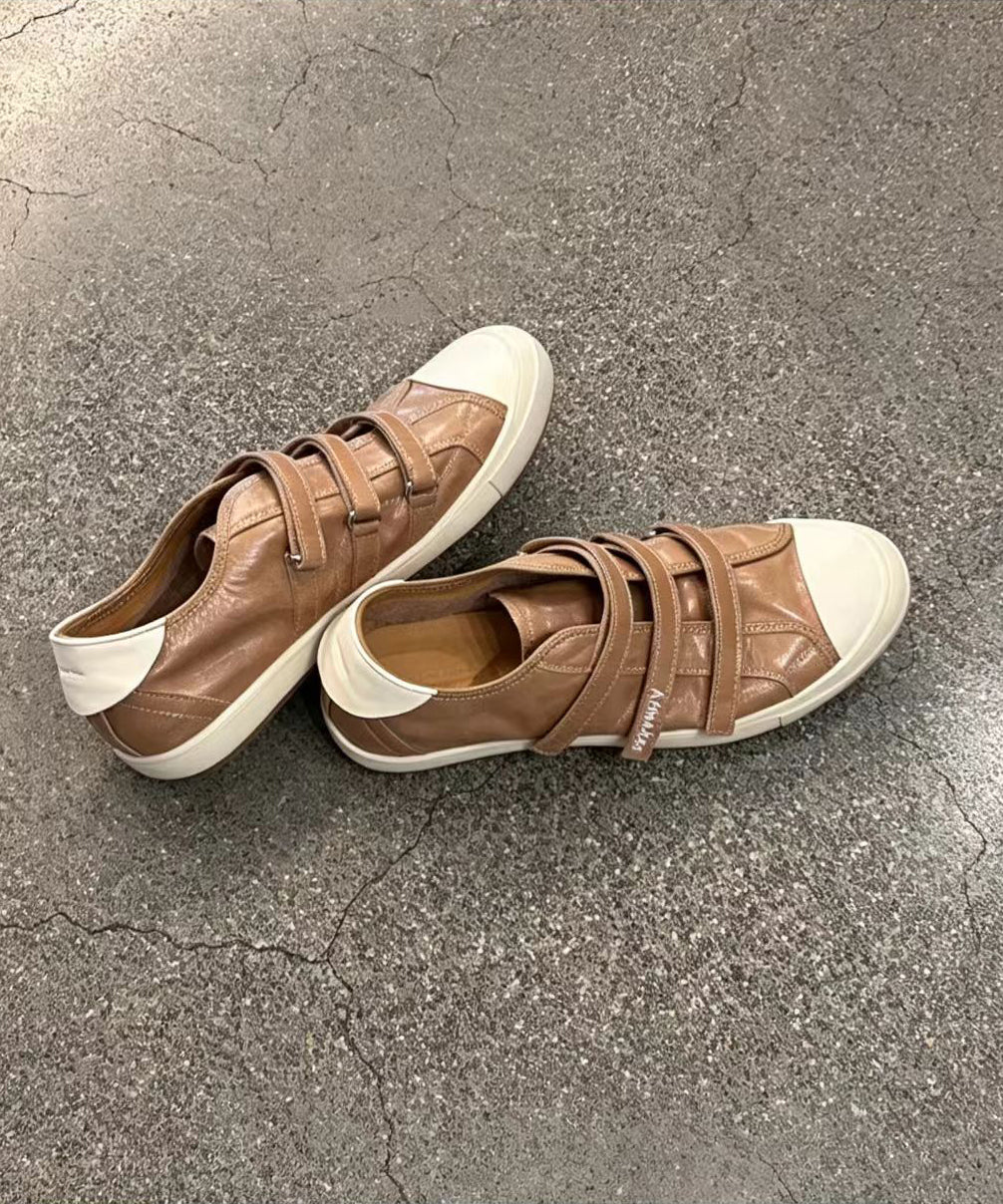 Simple Beige Round Toe Velcro Strap Faux Leather Flat Sneakers
