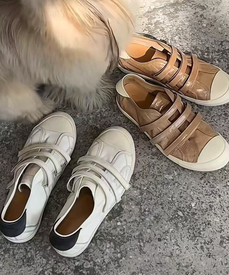 Simple Beige Round Toe Velcro Strap Faux Leather Flat Sneakers