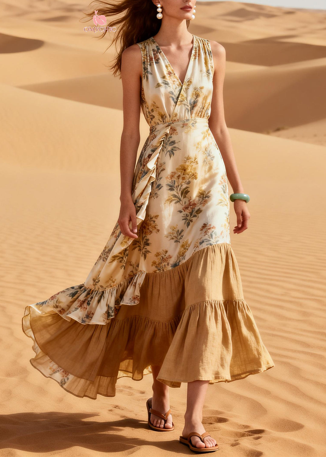 Simple Beige Ruffled Patchwork Print Linen Silk Dresses Summer