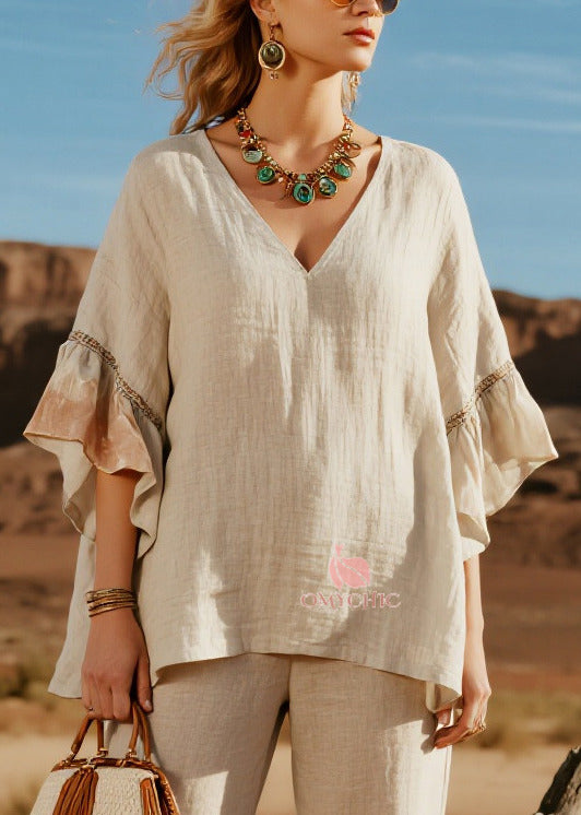 Simple Beige V Neck Patchwork Linen Two Pieces Set Butterfly Sleeve