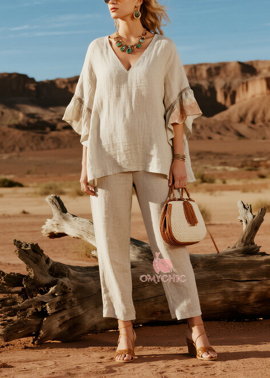 Simple Beige V Neck Patchwork Linen Two Pieces Set Butterfly Sleeve