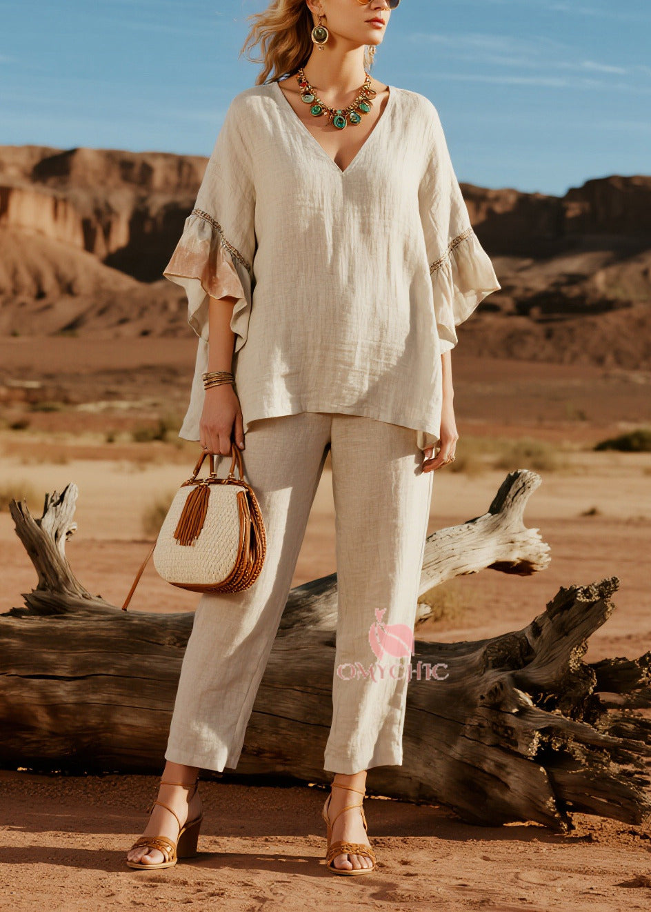 Simple Beige V Neck Patchwork Linen Two Pieces Set Butterfly Sleeve