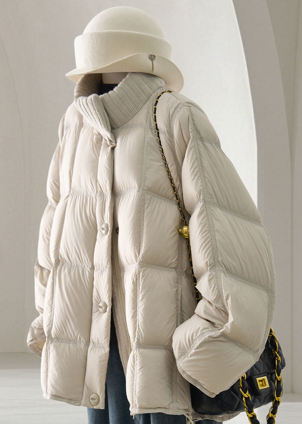 Simple Beige White Stand Collar Knit Fine Cotton Filled Puffer Jacket Winter