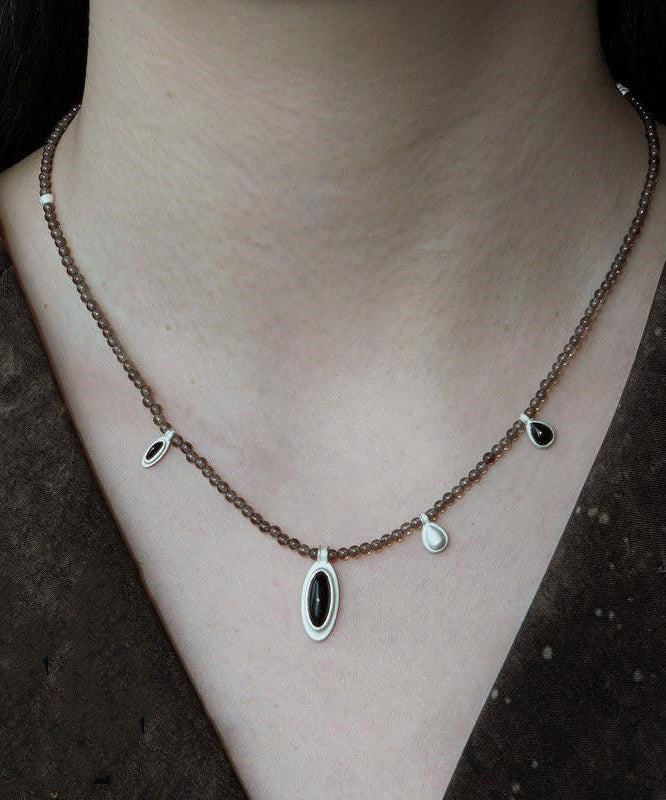 Simple Black Alloy Agate Crystal Patchwork Pendant Necklace