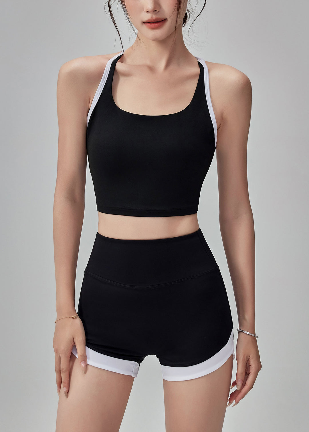 Simple Black Backless Patchwork Gymshark Sports Bra Two Piece Set