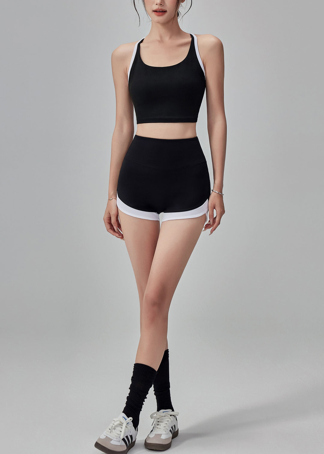 Simple Black Backless Patchwork Gymshark Sports Bra Two Piece Set