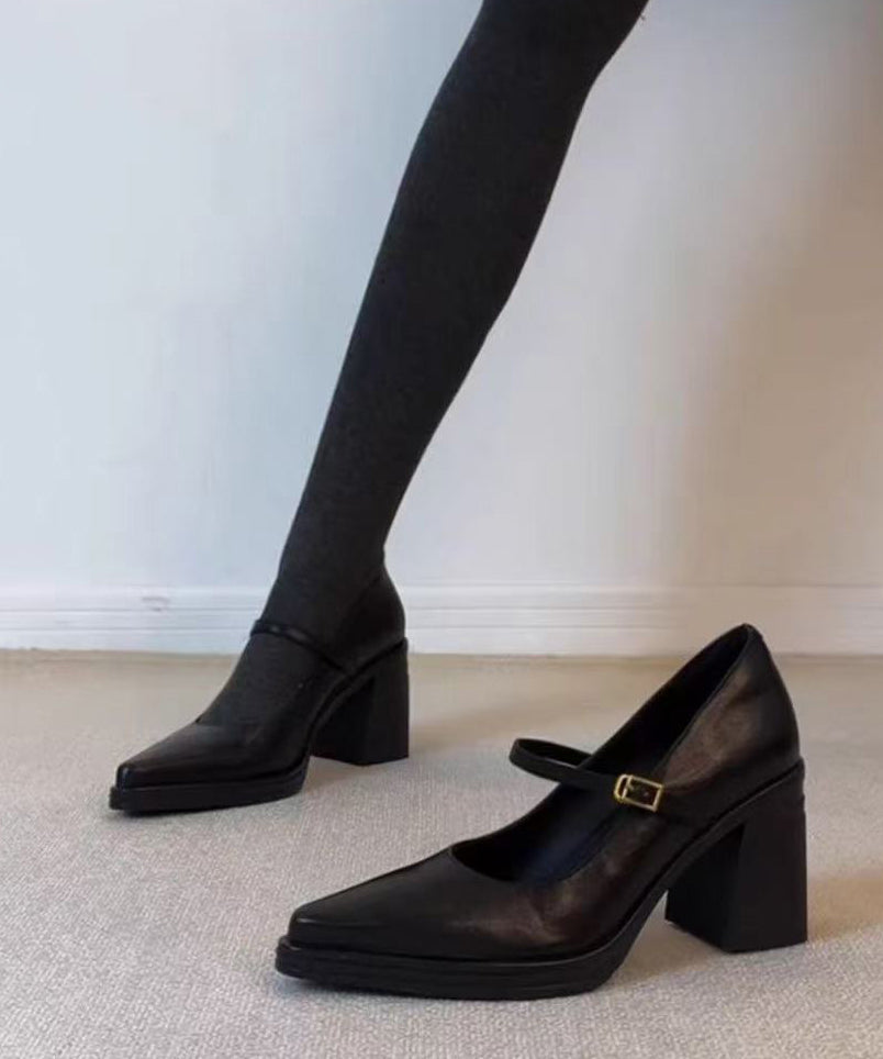 Simple Black Buckle Strap Faux Leather Chunky High Heels