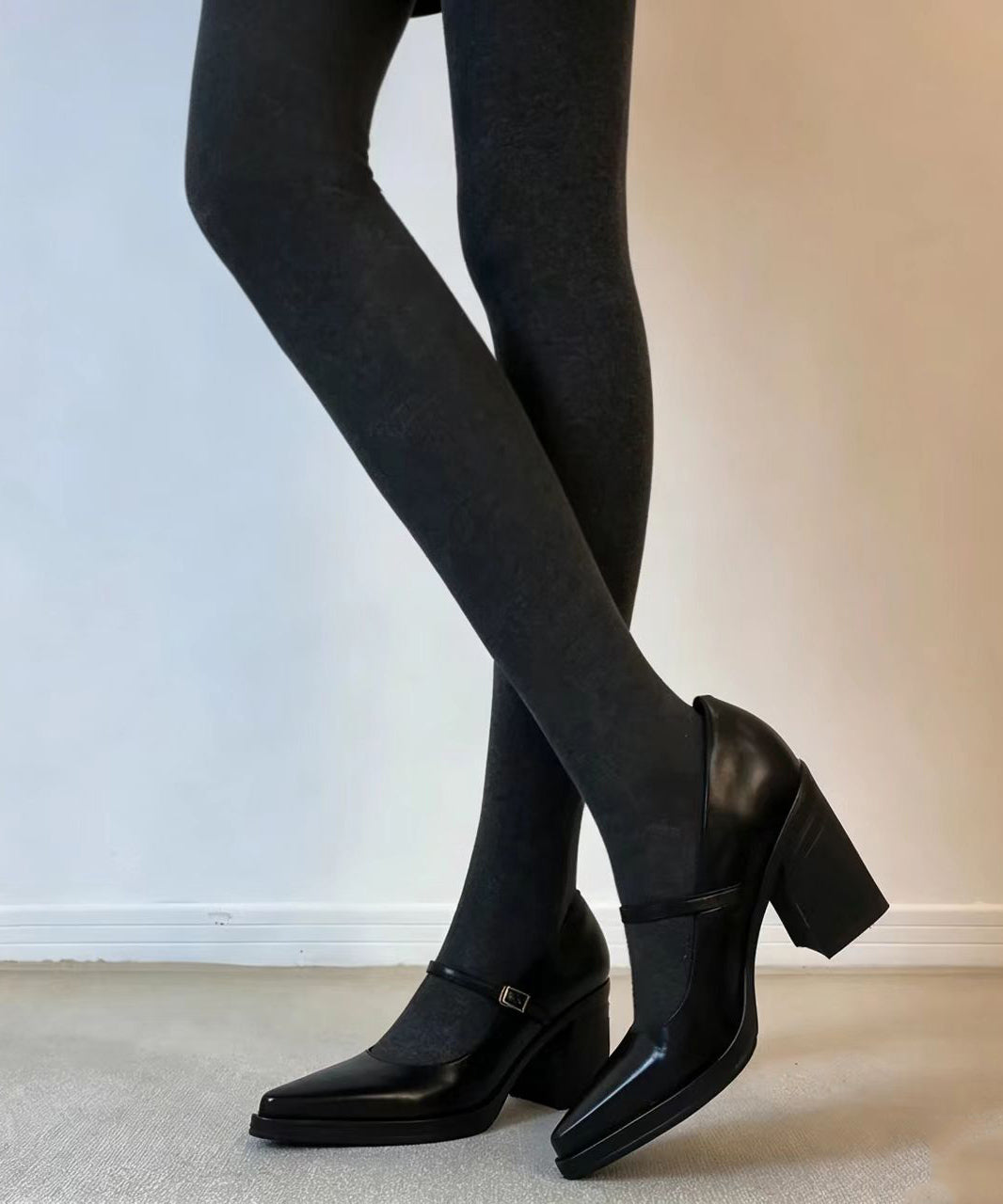 Simple Black Buckle Strap Faux Leather Chunky High Heels