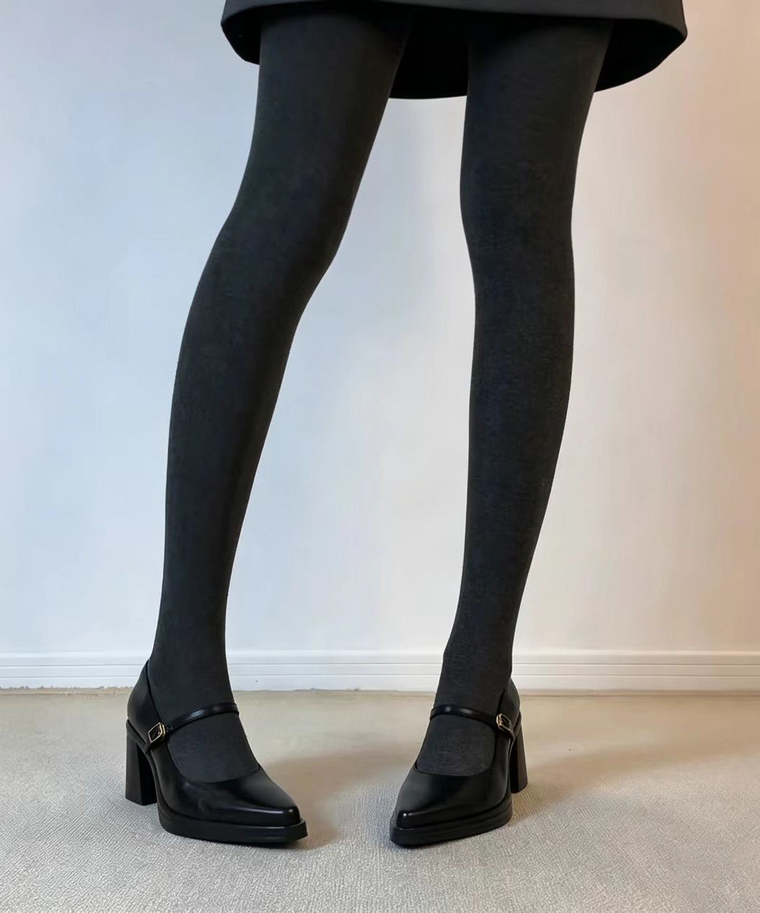 Simple Black Buckle Strap Faux Leather Chunky High Heels