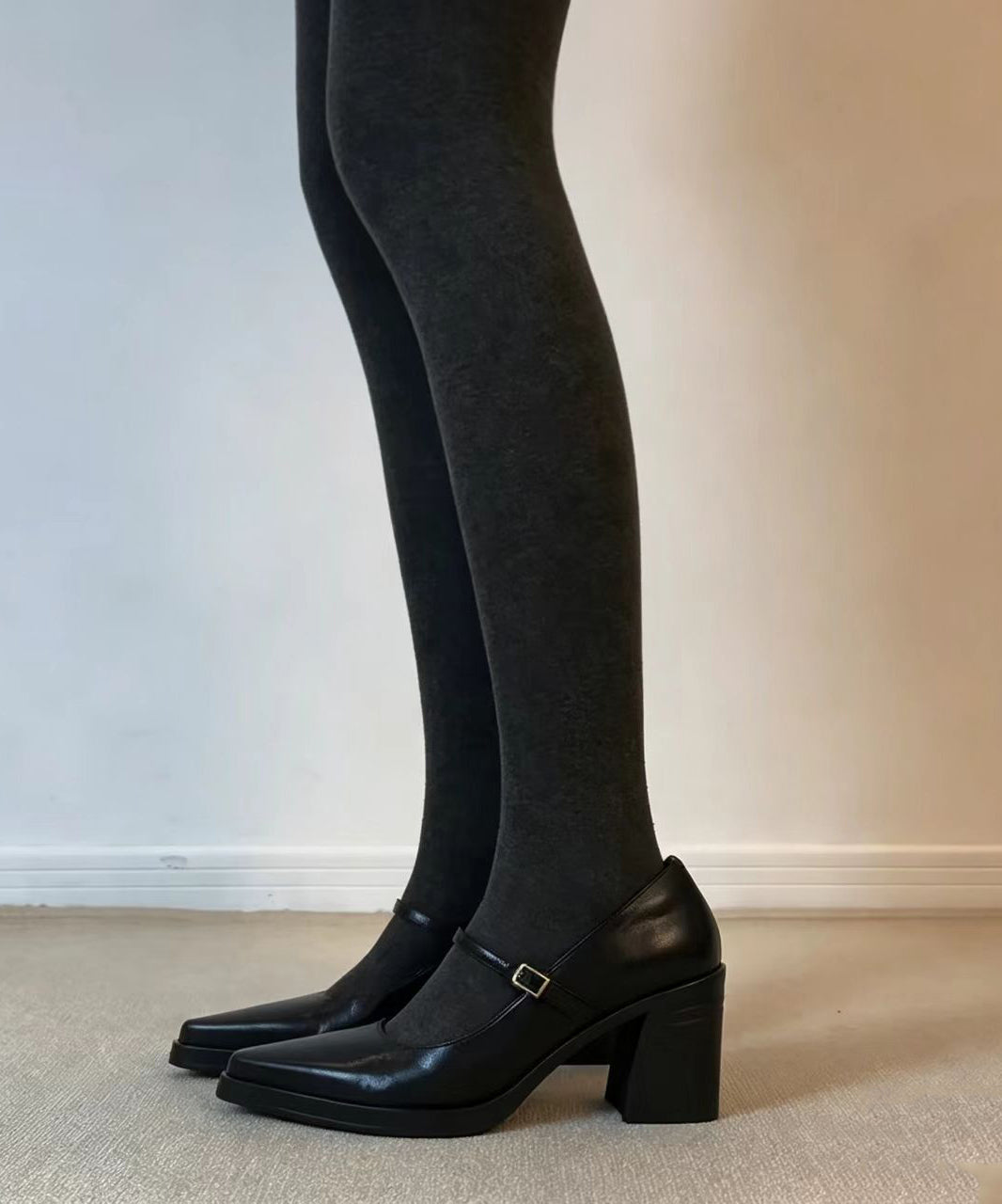 Simple Black Buckle Strap Faux Leather Chunky High Heels