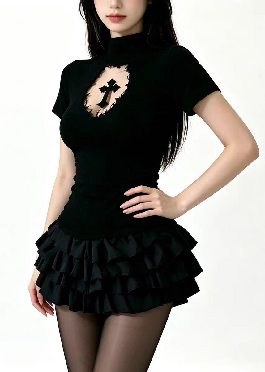 Simple Black Cut Out Layered Cotton Two Piece Set Outfits Summer