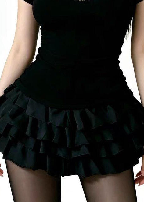Simple Black Cut Out Layered Cotton Two Piece Set Outfits Summer