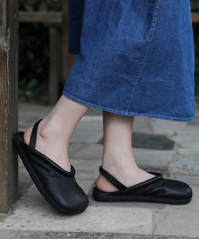 Simple Black Flat Sandals Platform Cowhide Leather Slide Sandals