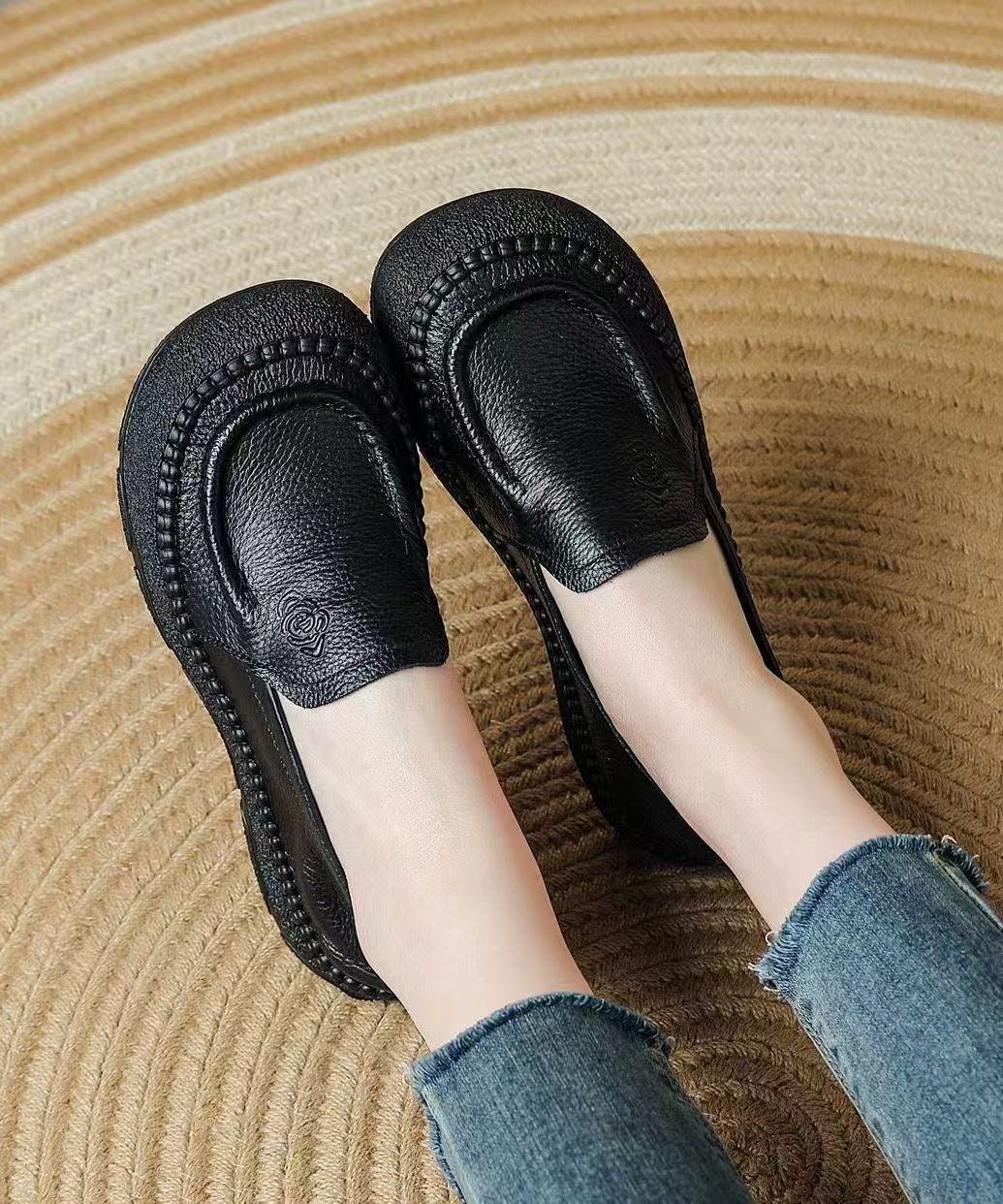Simple Black Floral Embossed Cowhide Leather Slip On Loafers