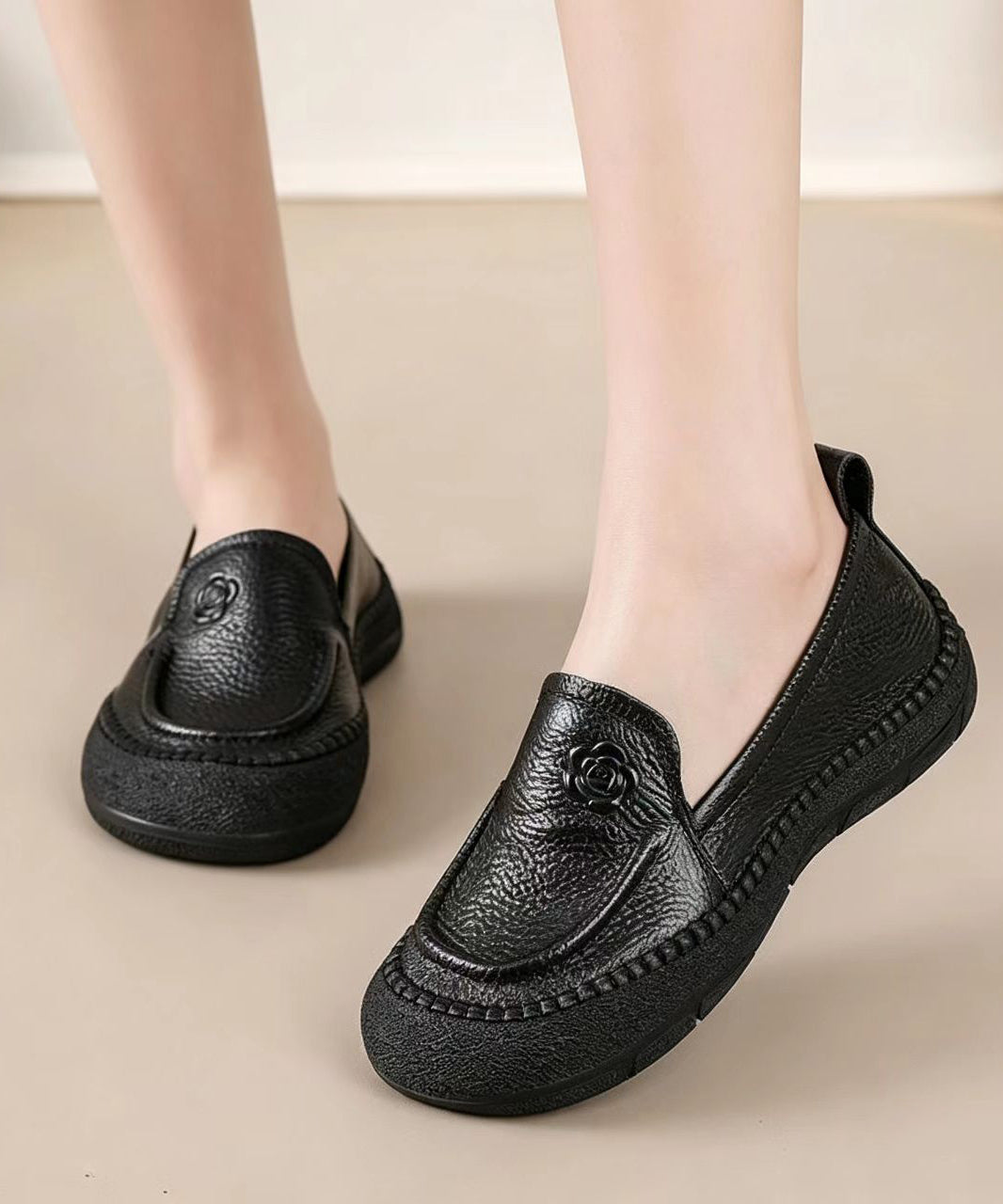 Simple Black Floral Embossed Cowhide Leather Slip On Loafers