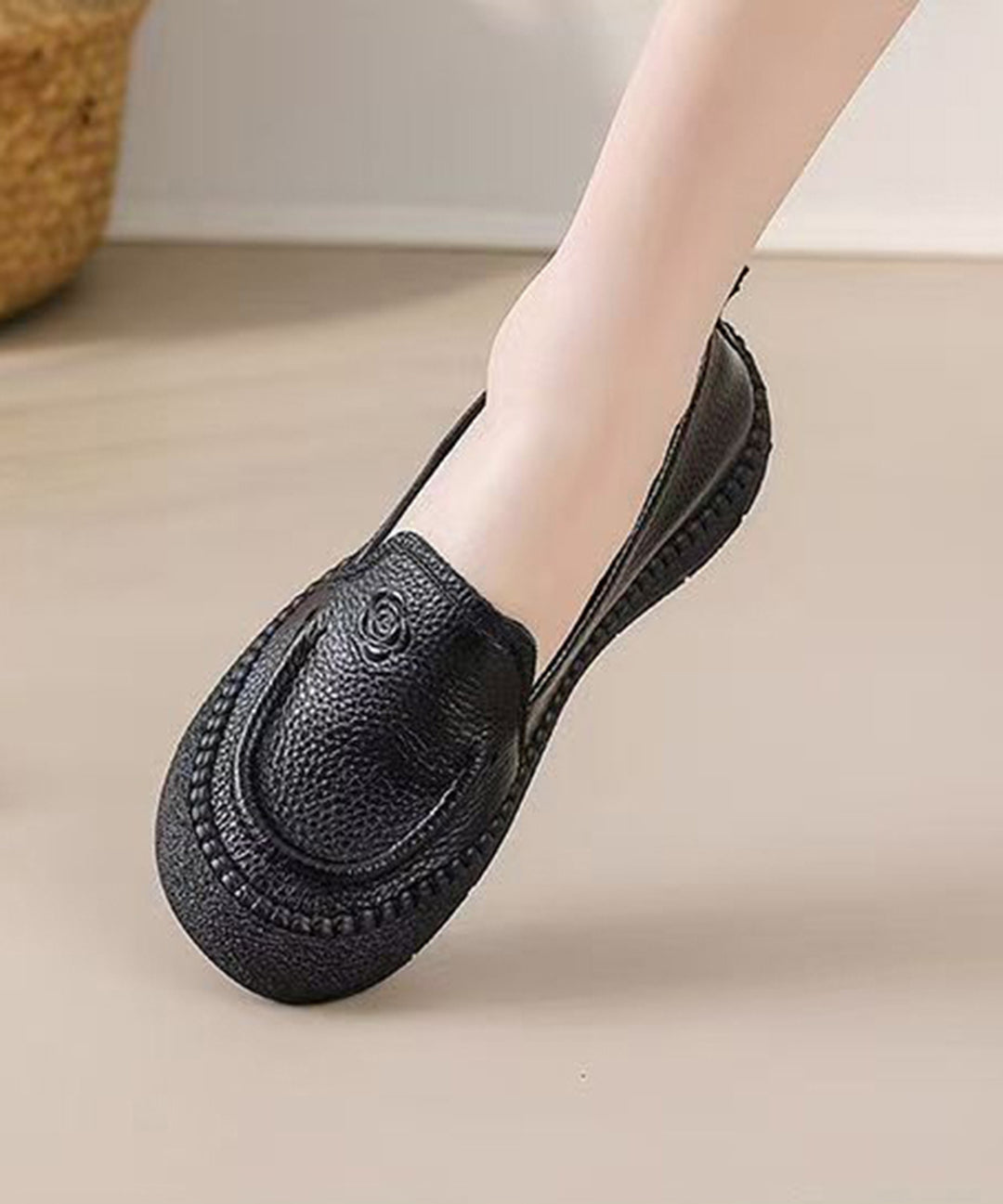 Simple Black Floral Embossed Cowhide Leather Slip On Loafers