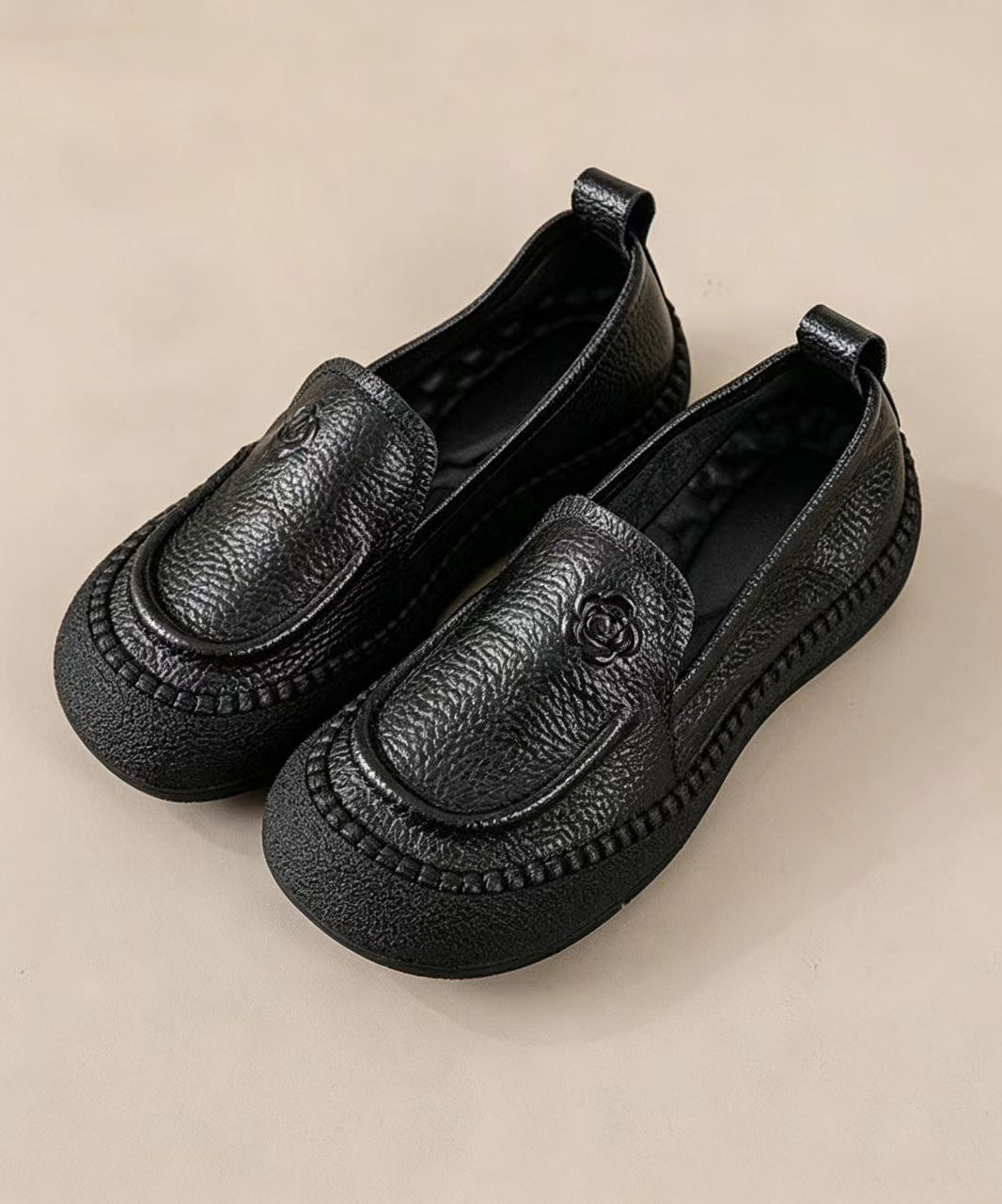 Simple Black Floral Embossed Cowhide Leather Slip On Loafers