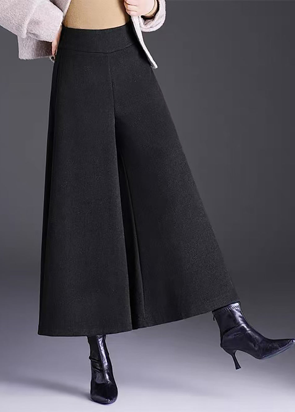 Simple Black High Waist Draping Woolen Wide Leg Crop Pants Skirt Fall