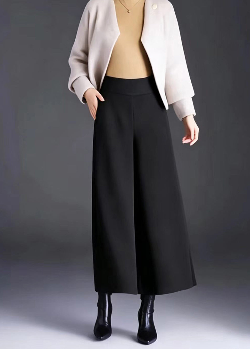 Simple Black High Waist Draping Woolen Wide Leg Crop Pants Skirt Fall