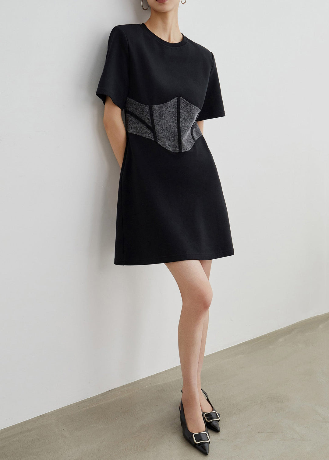 Simple Black High Waist Patchwork Cotton Dress Summer