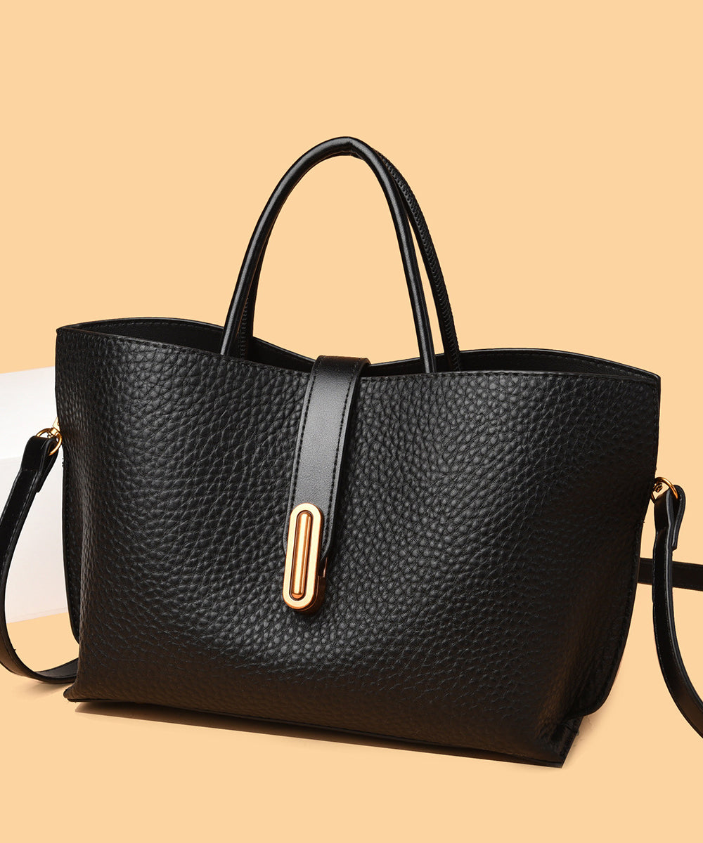 Simple Black Large Capacity Faux Leather Tote Handbag