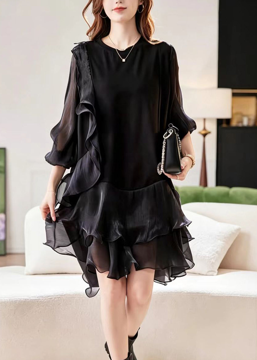 Simple Black O-Neck Ruffled Patchwork Tulle Dress Fall