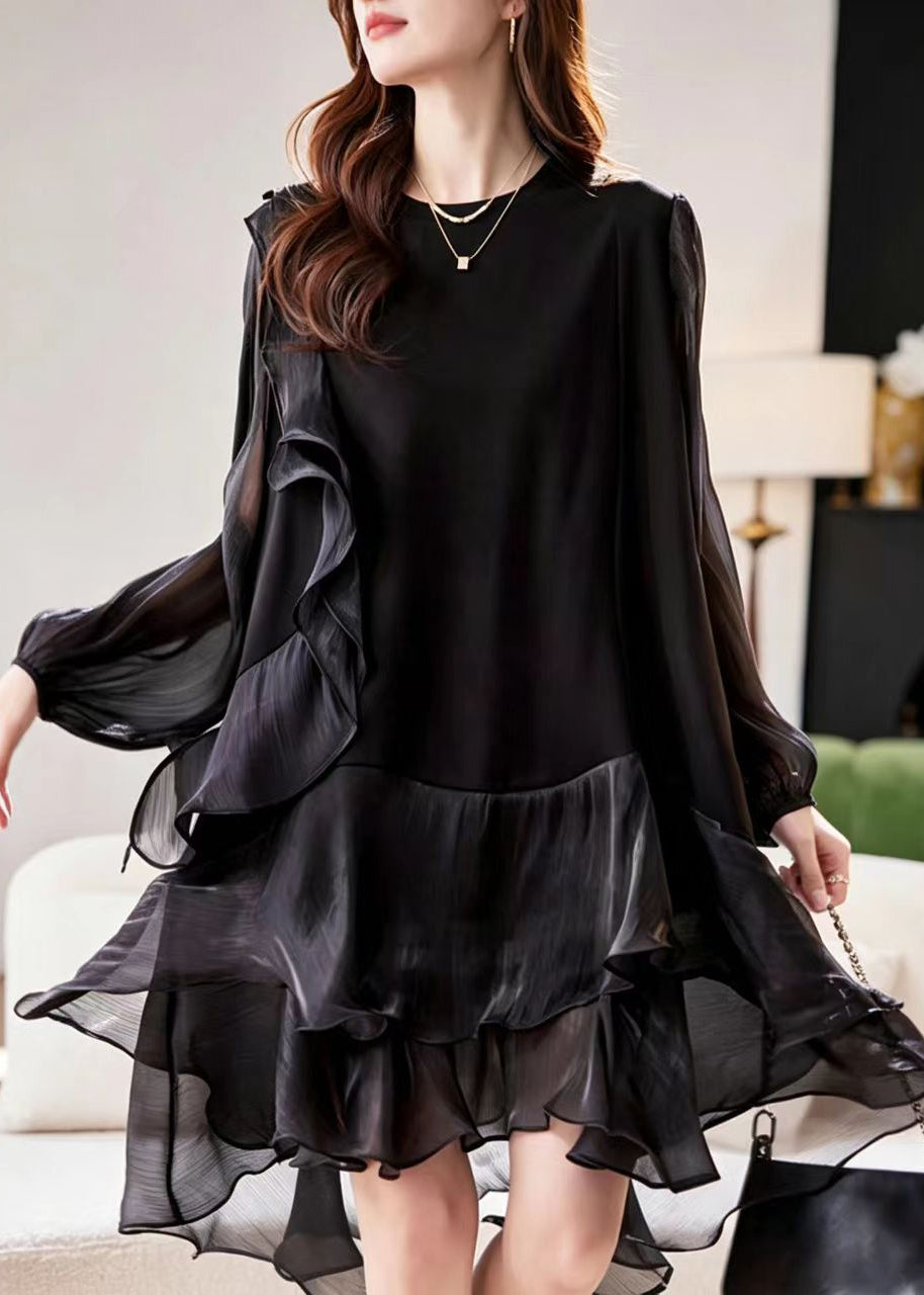 Simple Black O-Neck Ruffled Patchwork Tulle Dress Fall