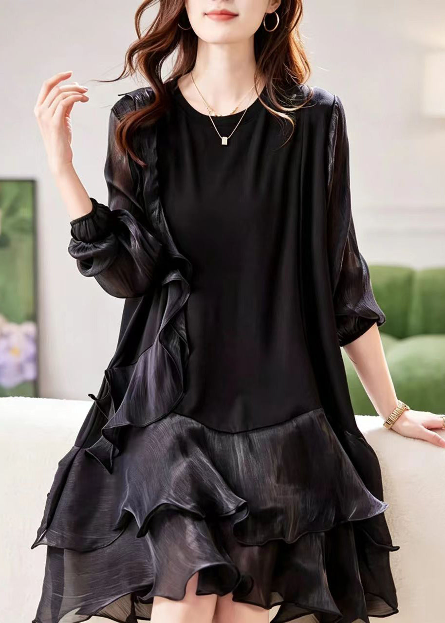 Simple Black O-Neck Ruffled Patchwork Tulle Dress Fall