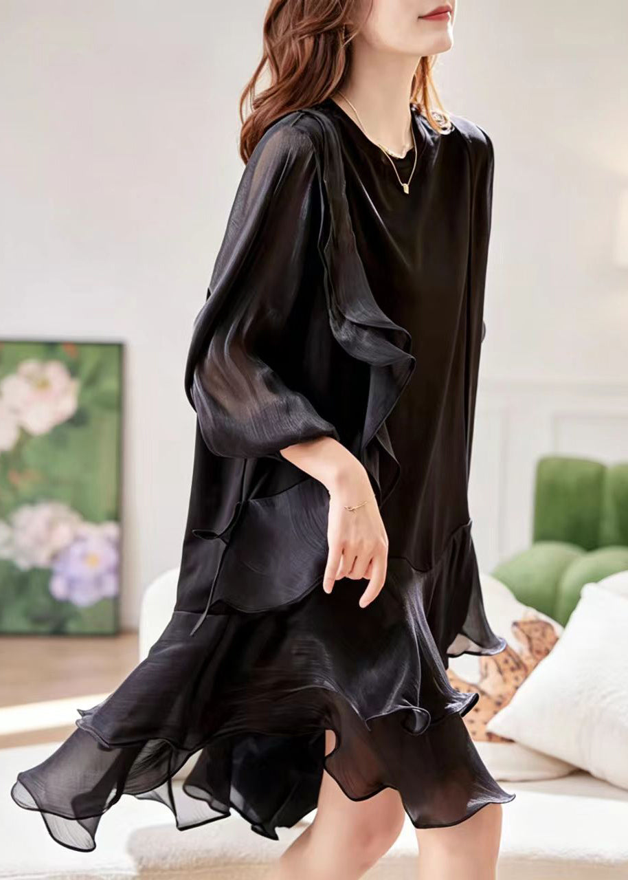 Simple Black O-Neck Ruffled Patchwork Tulle Dress Fall