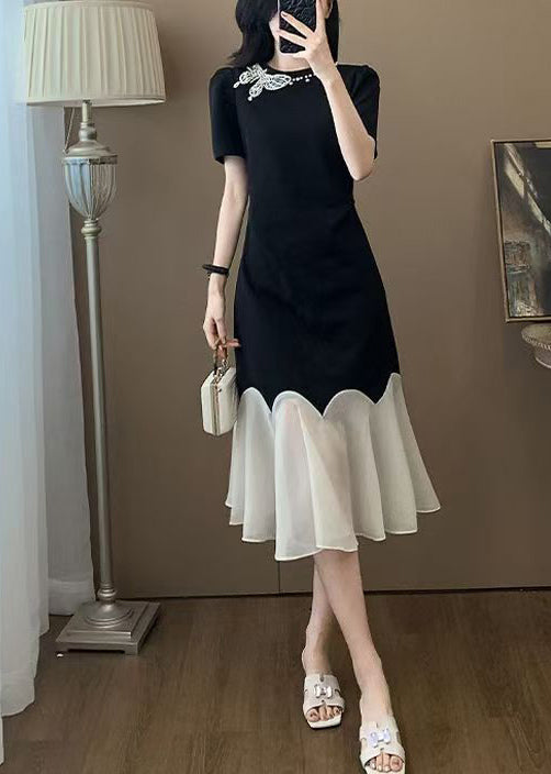 Simple Black O Neck Tulle Patchwork Cotton Dress Summer