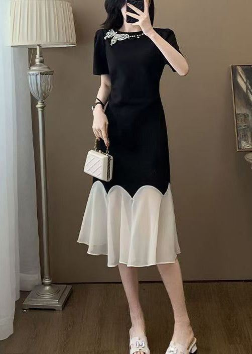 Simple Black O Neck Tulle Patchwork Cotton Dress Summer