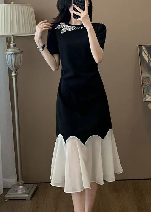 Simple Black O Neck Tulle Patchwork Cotton Dress Summer