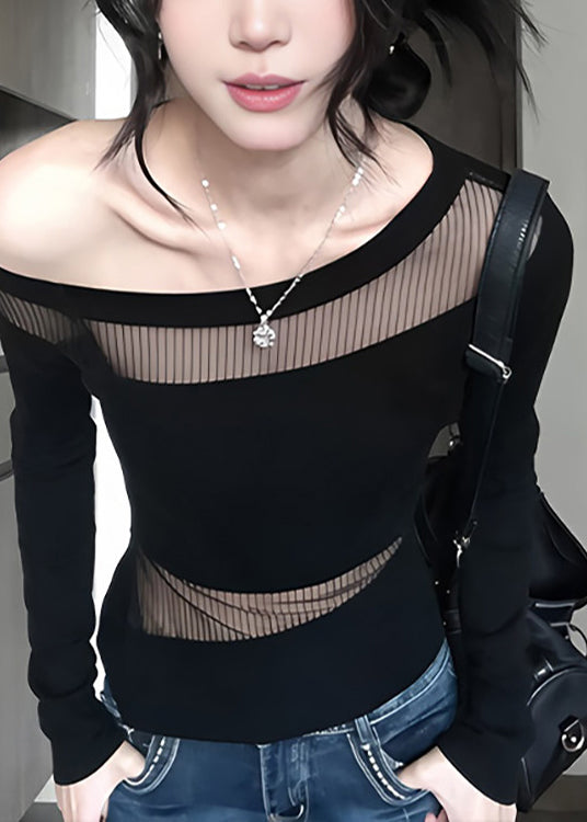 Simple Black One Shoulder Patchwork Tulle Shirt Tops Summer