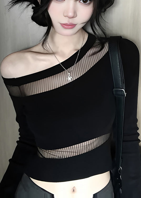 Simple Black One Shoulder Patchwork Tulle Shirt Tops Summer