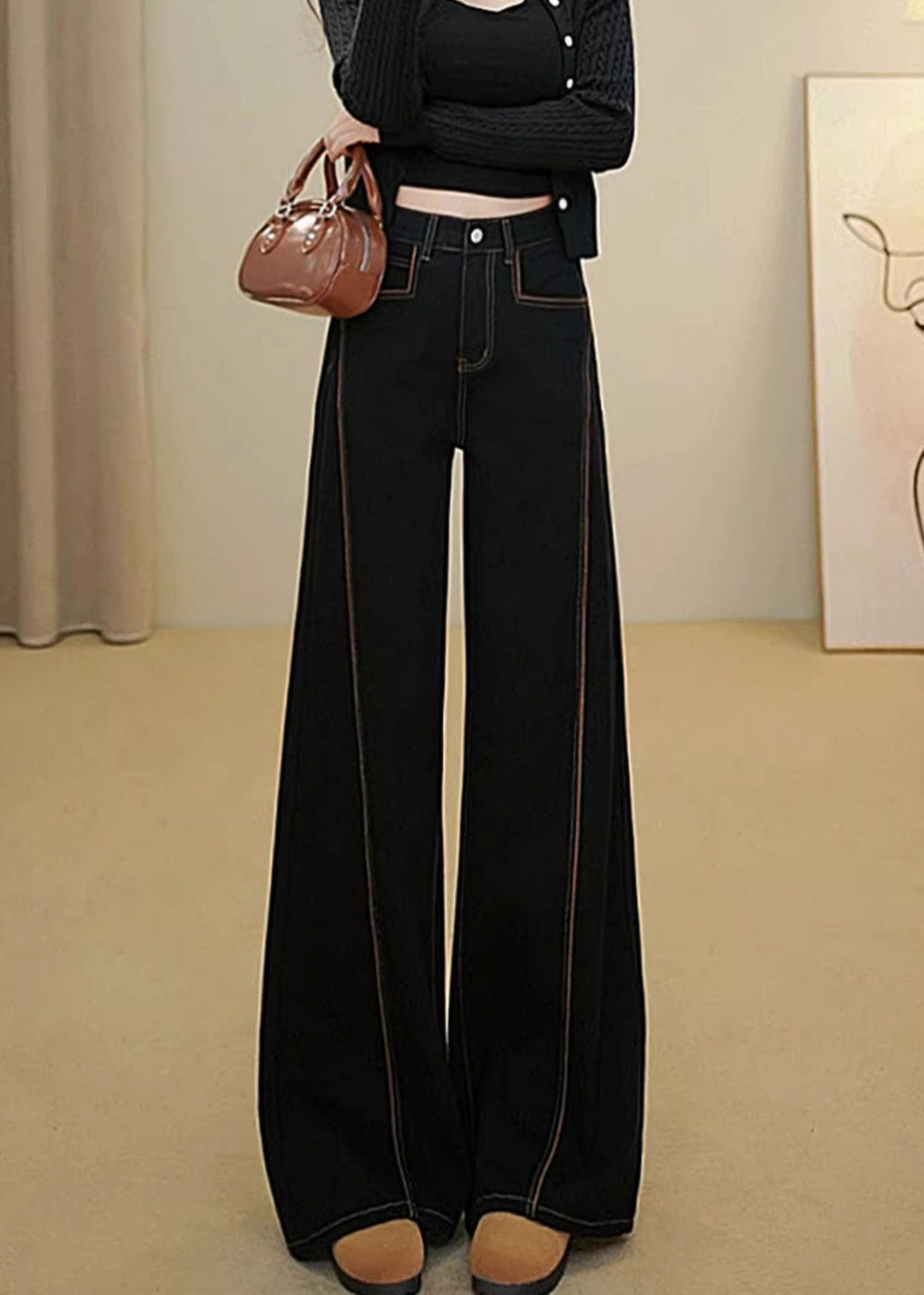 Simple Black Oversized Patchwork Denim Wide Leg Pants Fall
